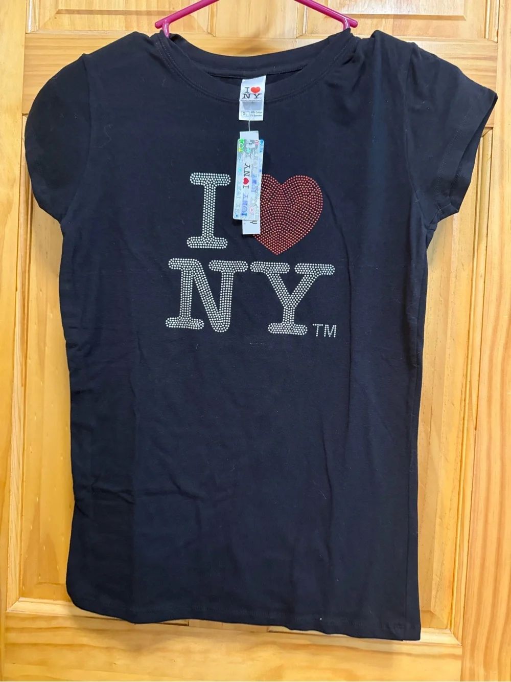 NWT VTG Girls' Black (stretch) Rhinestone I ❤️NY Tee -size XL